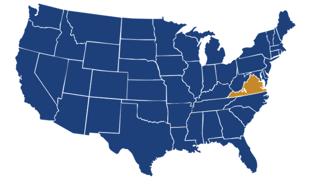 A map of the United States with Virginia highlighted in orange and all other states in blue.