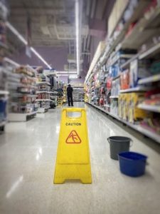A yellow caution sign stands on the floor of a store aisle, with two buckets nearby and shelves filled with products on both sides.