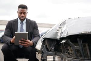 A person in a suit uses a tablet while kneeling next to a damaged car.