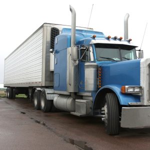 A large blue semi-truck with a silver trailer is parked on a wet road.
