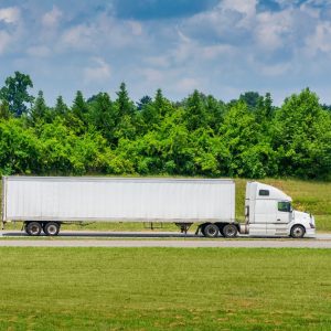 A white semi-truck with a long trailer drives on a road, surrounded by green grass and trees, under a partly cloudy sky.