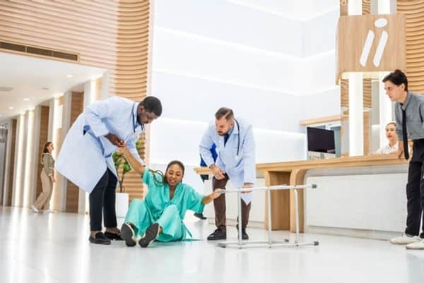 Medical staff assist a person who has fallen on the floor in a hospital or clinic lobby.