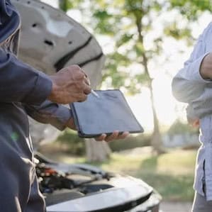 Two people stand next to a car with an open hood. One person holds a tablet and points at it, possibly discussing or examining something vehicle-related. Trees can be seen in the background.