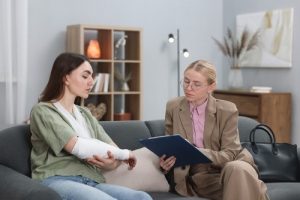 A woman with a bandaged arm sits on a couch talking to another woman in professional attire who is holding a clipboard.